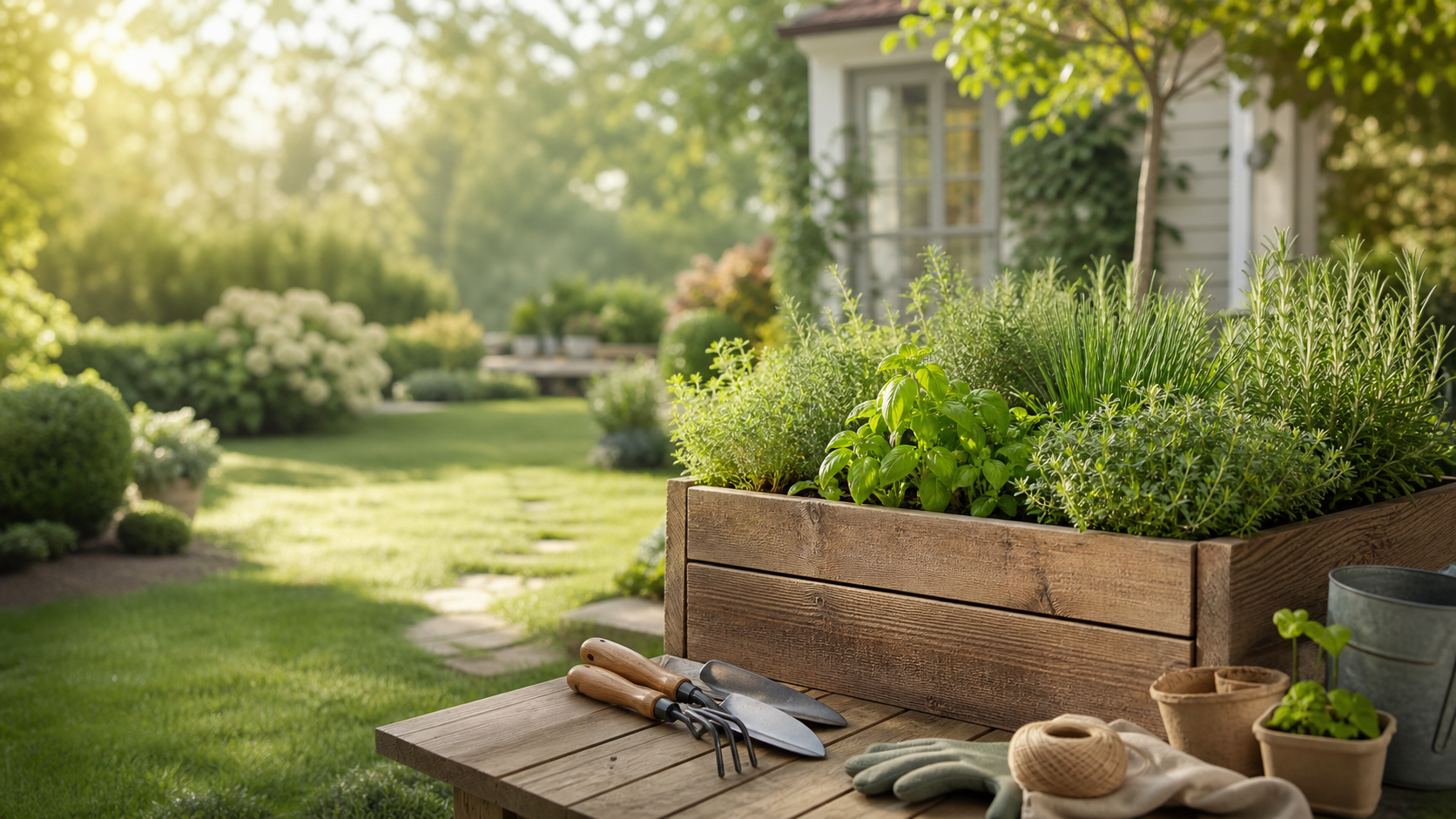 Heller Garten mit Hochbeet, Kräutern und Gartengeräten auf einem Holztisch